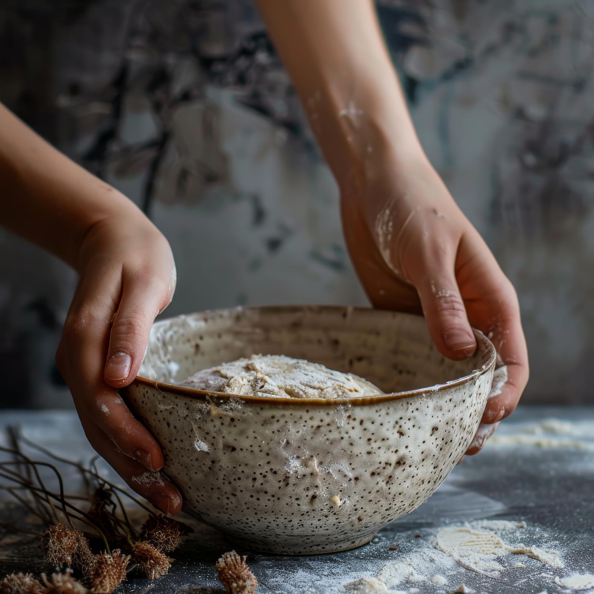 Hands kneading dough in a rustic bowl